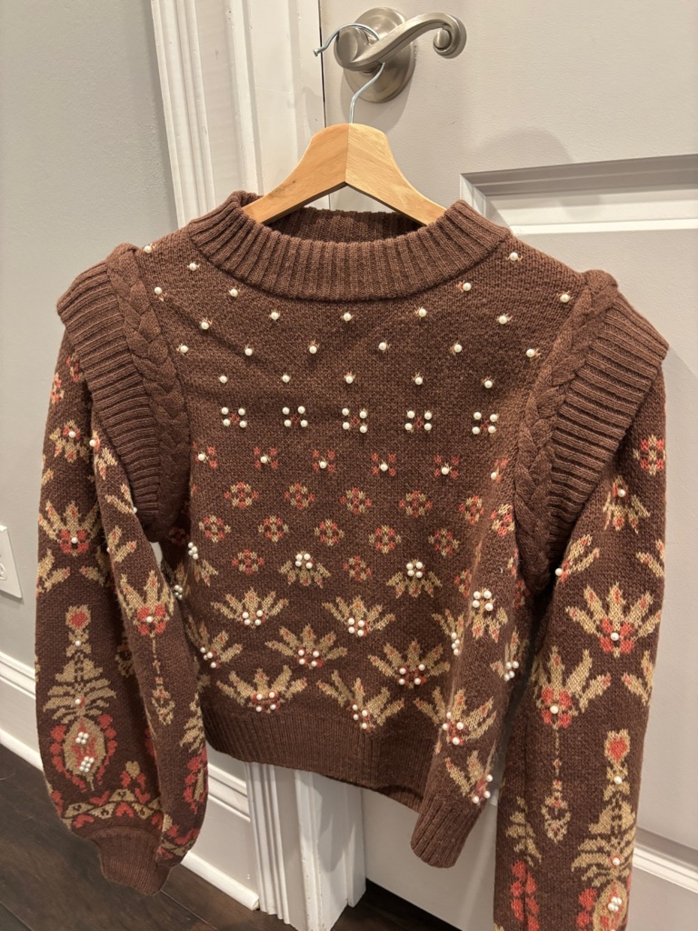 Pearl-Embellished Brown Fair Isle Crewneck Sweater - Women